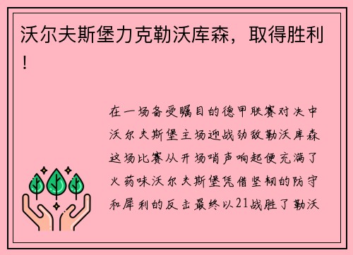 沃尔夫斯堡力克勒沃库森，取得胜利！